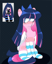 Size: 2549x3161 | Tagged: safe, artist:pakmur, derpibooru import, pegasus, pony, anarchy stocking, bow, clothes, dark background, long hair, panty and stocking with garterbelt, ponified, sitting, socks, solo, species swap, stockings, striped socks, thigh highs