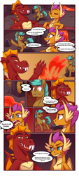 Size: 2480x5508 | Tagged: safe, artist:moonseeker, derpibooru import, garble, smolder, oc, oc:cyan sand, dragon, earth pony, pony, comic:tea party 3, series:tea party, comic, dialogue, dragoness, female, lava