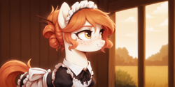 Size: 2400x1200 | Tagged: safe, ai content, derpibooru import, machine learning generated, oc, oc only, oc:victoria orlova, earth pony, pony, clothes, female, golden eyes, looking sideways, looking to side, looking to the right, maid, maid headdress, mare, orange hair, prompter:greesys, smiling, solo, white body