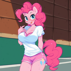 Size: 1536x1536 | Tagged: safe, ai content, derpibooru import, generator:pony diffusion v6 xl, generator:stable diffusion, machine learning generated, pinkie pie, anthro, earth pony, g4, big breasts, blushing, bra, breasts, cleavage, clothes, horn, open mouth, outdoors, pink bra, pinkie pies, prompter:funnyglow144, sexy, shirt, shorts, smiling, solo, sports shorts, standing, street, sweat, t-shirt, underwear, wet