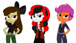 Size: 5233x3000 | Tagged: safe, artist:machakar52, derpibooru import, edit, apple bloom, scootaloo, sweetie belle, human, equestria girls, g4, alternate cutie mark, alternate universe, belt, belt buckle, bow, clothes, creepy belle, cutie mark crusaders, cutie mark monsters, cutie mark on clothes, elements of insanity, female, francie bloom, frown, hair bow, hand on hip, hands behind back, headband, karateloo, looking at you, simple background, transparent background, trio, trio female, vector, vector edit