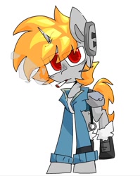 Size: 1020x1279 | Tagged: safe, artist:scar-shine, derpibooru import, oc, oc only, oc:oscar, pony, unicorn, clothes, gray coat, headphones, horn, orange mane, red eyes, simple background, smoking, solo, white background