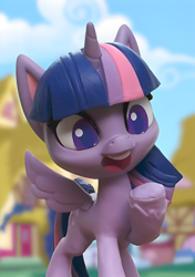 Size: 760x1080 | Tagged: safe, derpibooru import, screencap, twilight sparkle, twilight sparkle (alicorn), alicorn, pony, g4, g4.5, magician pinkie pie (short), my little pony: stop motion short, cropped, cute, ponyville, smiling, solo