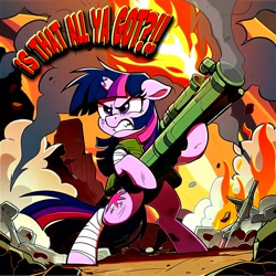 Size: 1024x1024 | Tagged: safe, ai content, derpibooru exclusive, derpibooru import, machine learning assisted, machine learning generated, twilight sparkle, unicorn, g4, angry, apocalypse, bandage, bandaged leg, body armor, broken horn, composite, defending, destruction, explosion, fire, gritted teeth, gun, horn, open mouth, prompter:inheat, rated pg, rock, rocket launcher, rubble, scowl, smoke, teeth, text, war, wasteland, weapon