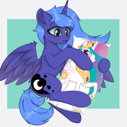 Size: 1200x1200 | Tagged: safe, artist:門久, derpibooru import, princess celestia, princess luna, alicorn, pony, g4, blushing, body pillow, duo, duo female, female, open mouth, open smile, s1 luna, smiling, solo focus