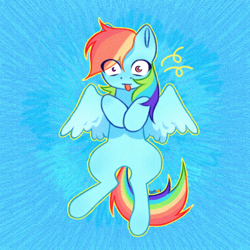 Size: 2900x2900 | Tagged: safe, artist:resoi0, derpibooru import, rainbow dash, earth pony, pegasus, g4, abstract background, eye clipping through hair, female, mare, partially open wings, solo, tongue, tongue out, upright, wings