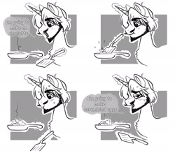 Size: 3000x2622 | Tagged: safe, artist:opalacorn, derpibooru import, oc, oc only, pony, unicorn, 4 panel comic, beard, black and white, bust, comic, dialogue, egg (food), facial hair, food, frying pan, grayscale, horn, levitation, magic, male, monochrome, moustache, simple background, solo, spatula, speech bubble, stallion, telekinesis, white background