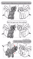 Size: 2345x4096 | Tagged: safe, artist:opalacorn, derpibooru import, oc, oc only, oc:silver stream, oc:void, alicorn, bee, bee pony, original species, zebra, black and white, comic, cross-popping veins, dialogue, duo, duo male and female, emanata, female, flying, grayscale, male, mare, monochrome, partial color, pointing, speech bubble, stallion, zebra alicorn