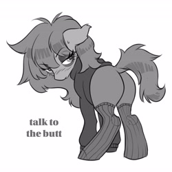 Size: 4096x4096 | Tagged: safe, artist:opalacorn, derpibooru import, oc, oc only, earth pony, pony, black and white, butt, clothes, female, grayscale, lidded eyes, looking back, mare, monochrome, plot, rear view, simple background, socks, solo, sweater, text, white background