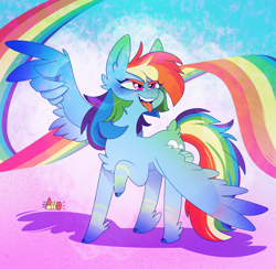 Size: 1100x1073 | Tagged: safe, artist:ayyolilikoi, derpibooru import, rainbow dash, pegasus, pony, g4, alternate design, chest fluff, ear fluff, ears, female, fetlock tuft, leg markings, leg stripes, mare, narrowed eyes, peace sign, rainbow, solo, stripes, tongue, tongue out, wing hands, wings