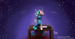 Size: 4096x2160 | Tagged: safe, artist:heavenheathen, artist:heavenheather, derpibooru import, oc, oc only, unicorn, amputee, comet, furniture, horn, multicolored mane, prosthetic limb, prosthetics, sitting, sky, solo, stars