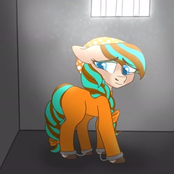 Size: 2048x2048 | Tagged: safe, artist:kittycocoa69, derpibooru import, horse, barely pony related, clothes, cocoa (wild manes), cuffed, cuffs, cute, jumpsuit, prison outfit, sad, sadorable, shackles, solo, wild manes