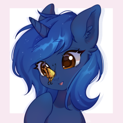 Size: 2280x2280 | Tagged: safe, artist:ruru_01, derpibooru import, oc, oc only, oc:starlight blossom, butterfly, pony, unicorn, bust, horn, looking at something, not luna, portrait, raised hoof, raised leg, smiling, solo