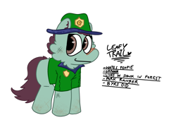 Size: 2732x2048 | Tagged: safe, artist:felixmcfurry, derpibooru import, oc, oc only, oc:leafy trail, pony, among us, badge, bandaid, bandaid on nose, blank flank, clothes, female, filly, filly oc, foal, hat, park ranger, reference, seams, shirt, simple background, smiling, solo, text, transparent background