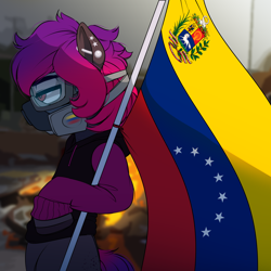 Size: 4000x4000 | Tagged: safe, artist:dibujito, derpibooru import, oc, oc only, oc:dib, earth pony, pony, burning, female, fire, flag, flag pole, mare, piercing, solo, venezuela