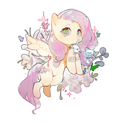 Size: 2486x2500 | Tagged: safe, artist:mengtunshaojing, derpibooru import, angel bunny, fluttershy, pegasus, pony, rabbit, g4, animal, female, flower, holding, lighter coat, mare, simple background, white background