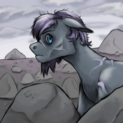 Size: 2243x2243 | Tagged: safe, artist:smirk, derpibooru import, oc, oc only, oc:honor's holder, earth pony, alternate universe, male, messy mane, rock, rock farm, scarred, solo, stallion