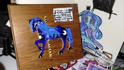 Size: 4080x2296 | Tagged: safe, artist:vomitdistrict, derpibooru import, princess luna, pony, g4, carousel, cheese, female, food, glorious grilled cheese, grilled cheese, mare, mixed media, solo, traditional art