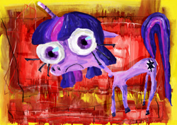 Size: 2339x1654 | Tagged: safe, artist:vomitdistrict, derpibooru import, twilight sparkle, unicorn twilight, pony, unicorn, g4, abstract background, acrylic painting, female, frown, looking at you, mare, solo, traditional art