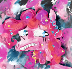 Size: 2134x2058 | Tagged: safe, artist:vomitdistrict, derpibooru import, pinkie pie, earth pony, pony, g4, abstract background, acrylic painting, bust, confetti, female, frown, high res, looking sideways, mare, portrait, solo, traditional art