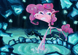 Size: 2339x1654 | Tagged: safe, artist:vomitdistrict, derpibooru import, pinkie pie, earth pony, pony, g4, acrylic painting, female, mare, mirror pool, shadow, solo, traditional art, water