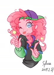 Size: 1554x2144 | Tagged: safe, artist:dazaikurumi, derpibooru import, pinkie pie, human, equestria girls, g4, ;p, baseball cap, bust, cap, clothes, female, hat, hoodie, one eye closed, portrait, rapper pie, simple background, solo, text, tongue, tongue out, white background, wink