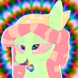 Size: 2048x2048 | Tagged: safe, artist:wornpaladin, artist:worny, derpibooru import, tree hugger, pony, g4, bandana, dreadlocks, dreads, drug use, drugs, filter, green skin, happy, high, hippie, joy, lsd, orange mane, psychedelic, purple eyes, relaxed, relaxed face, relaxing, satisfied, stoned, tongue, tongue out