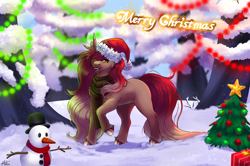 Size: 1280x848 | Tagged: safe, artist:malinraf1615, derpibooru import, oc, oc only, pony, unicorn, christmas, clothes, female, hat, holiday, horn, mare, present, santa hat, scarf, snow, snowman, solo