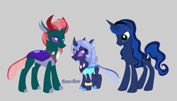 Size: 5096x2924 | Tagged: safe, derpibooru import, pharynx, princess luna, oc, changedling, changeling, g4, alternate hairstyle, changeling oc, concave belly, female, gray background, interspecies offspring, mare, next generation, offspring, parent:pharynx, parent:princess luna, parents:lunarynx, ponysona, prince pharynx, simple background, slender, thin, trio