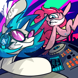 Size: 894x894 | Tagged: source needed, safe, artist:inkypsycho, derpibooru import, dj pon-3, pinkie pie, vinyl scratch, earth pony, pony, unicorn, g4, abstract background, big smile, crowd, dj table, duo, duo female, female, glasses, headphones, horn, looking at someone, mare, multicolored background, raised hoof, raised leg, rave, shading, signature, smiling, smiling at someone, turntable, vinyl's glasses, vinyl's headphones