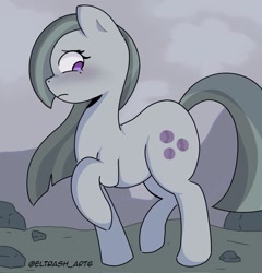 Size: 1963x2048 | Tagged: safe, artist:eltrash_art6, derpibooru import, marble pie, earth pony, pony, g4, bipedal, blushing, cute, eyelashes, female, frown, looking back, marblebetes, mare, outdoors, profile, raised hoof, raised leg, rock, rock farm, signature, solo