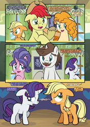 Size: 1920x2715 | Tagged: safe, artist:alexdti, derpibooru import, applejack, bright mac, cookie crumbles, hondo flanks, pear butter, rarity, earth pony, pony, unicorn, comic:how we met, g4, blank flank, female, filly, filly applejack, filly rarity, foal, high res, horn, male, mare, stallion, younger