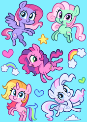 Size: 2480x3508 | Tagged: safe, artist:pilesofmiles, derpibooru import, minty, rarity, star catcher, starsong, earth pony, pegasus, unicorn, g3, g4, chibi, g3 to g4, generation leap, horn, multicolored tail, sticker, sticker pack, tail