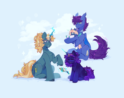 Size: 3800x3000 | Tagged: safe, artist:cofiiclouds, derpibooru import, oc, oc only, oc:keygun, oc:maple parapet, oc:meridian, oc:serene steppe, bat pony, pony, unicorn, abstract background, bat pony oc, body freckles, chest fluff, cloven hooves, colored eyelashes, colored hooves, excitement, family, father and child, father and daughter, female, female oc, fetlock tuft, filly, filly oc, foal, food, freckles, high res, holding a pony, hooves, horn, knife, learning, leg freckles, male, male oc, mare, mare oc, mother and child, mother and daughter, parent and child, pear, scar, shiny hooves, shiny mane, shiny tail, stallion, stallion oc, struggling, two toned magic, unicorn oc, watermark, wingding eyes, yellow eyelashes