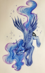 Size: 2472x4000 | Tagged: safe, artist:jsunlight, derpibooru import, princess luna, alicorn, pony, g4, blue pupils, flying, high res, looking down, no mouth, pencil drawing, slit eyes, solo, sparkles, spread wings, traditional art, wings