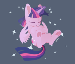 Size: 1400x1200 | Tagged: safe, artist:sion, derpibooru import, twilight sparkle, twilight sparkle (alicorn), alicorn, pony, g4, blue background, cute, eyes closed, female, frog (hoof), glowing, glowing horn, horn, mare, signature, simple background, solo, sparkles, twiabetes, underhoof