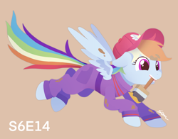 Size: 1400x1100 | Tagged: safe, artist:sion, derpibooru import, rainbow dash, pegasus, pony, g4, the cart before the ponies, baseball cap, brown background, cap, clothes, cute, dashabetes, ears, female, floppy ears, hat, jumpsuit, mare, mouth hold, paint, paintbrush, partially open wings, simple background, solo, windswept mane, wings