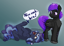 Size: 3516x2536 | Tagged: safe, artist:witchtaunter, derpibooru import, oc, oc:witching hour, bat pony, pony, unicorn, bat pony oc, commission, duo, duo male, horn, lying down, male, nice cock, on back, stallion, unicorn oc, vulgar