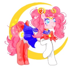 Size: 1280x1280 | Tagged: safe, artist:chckn_mad_world, derpibooru import, pinkie pie, earth pony, pony, g4, anime, boots, clothes, collar, cosplay, costume, female, moon, pigtails, sailor moon (series), sailor senshi, sailor uniform, shoes, solo, solo female, stockings, thigh highs, twintails, uniform