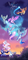 Size: 4000x8300 | Tagged: safe, artist:aledera, derpibooru import, oc, oc only, bat pony, pegasus, pony, unicorn, bat pony oc, bracelet, eyes closed, flying, glasses, group, horn, horn ring, jewelry, looking at something, pegasus oc, ring, spread wings, unicorn oc, unshorn fetlocks, wings