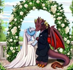 Size: 2557x2463 | Tagged: safe, artist:pridark, derpibooru import, oc, oc only, deer, dragon, boop, deer oc, dragon oc, marriage, non-pony oc, noseboop, oc x oc, shipping, wedding