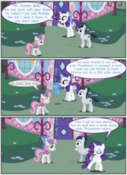 Size: 2700x3713 | Tagged: safe, artist:gm-scoots, derpibooru import, rarity, rumble, sweetie belle, oc, oc:duchess, pegasus, pony, unicorn, comic:bleeding hearts, belle sisters, comic, female, filly, foal, horn, male, mare, offspring, parent:rarity, parent:thunderlane, parents:rarilane, siblings, sisters, vector used