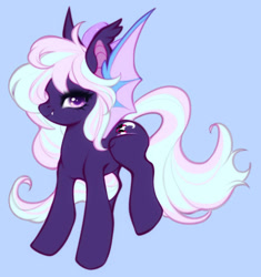 Size: 800x852 | Tagged: safe, artist:cabbage-arts, derpibooru import, oc, oc only, oc:hollow mist, bat pony, pony, artfight, bat pony oc, blue background, bow, colored pinnae, colored pupils, colored wings, dhampir, ear tufts, eye clipping through hair, eyelashes, fangs, female, female oc, gift art, hair accessory, hair bow, long mane, long tail, looking back, mane accessory, mare, mare oc, pink bow, pjrple coat, purple eyes, purple pupils, raised leg, simple background, smiling, solo, spread wings, standing on three hooves, tail, thick eyelashes, two toned mane, two toned tail, two toned wings, wings