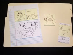 Size: 3264x2448 | Tagged: safe, artist:wren, derpibooru import, oc, oc only, oc:onion bloom, pony, advertisement, comic, food, index card, meme, monochrome, onion, pain, sticky note, traditional art, vacant expression, yoinky sploinky