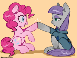 Size: 4096x3072 | Tagged: safe, artist:metaruscarlet, derpibooru import, maud pie, pinkie pie, earth pony, pony, g4, clothes, high five, hooves up, looking at each other, looking at someone, open mouth, pie sisters, raised hoof, raised leg, siblings, simple background, sisters, teeth, yellow background