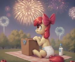 Size: 1568x1304 | Tagged: safe, ai content, derpibooru import, generator:pony diffusion v6 xl, generator:stable diffusion, machine learning generated, apple bloom, pony, g4, apple, apple bloom's bow, baby bottle, basket, bottle, bow, diaper, female, filly, fireworks, foal, food, grass, hair bow, non-baby in diaper, outdoors, picnic, picnic basket, picnic blanket, prompter:cayuse, sitting, solo, solo female, tree