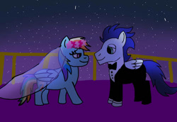 Size: 749x516 | Tagged: safe, artist:yoyoswing555, derpibooru import, rainbow dash, soarin', pegasus, pony, bride, female, groom, looking at each other, male, mare, marriage, shipping, soarindash, stallion, straight, wedding