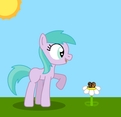 Size: 965x938 | Tagged: safe, artist:maddiewondermanforever36, derpibooru import, butterfly, earth pony, insect, pony, g4, adult blank flank, aura (g4), aurabetes, blank flank, cute, daisy (flower), female, flower, mare, monarch butterfly, older, older aura (g4), raised hoof, raised leg, shadow, sun, talking