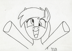 Size: 898x648 | Tagged: safe, artist:hericks, derpy hooves, excited, happy, lineart, looking at you, raised hooves, traditional art, underhoof