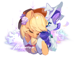 Size: 3576x2726 | Tagged: safe, artist:chengzi82020, derpibooru import, applejack, rarity, earth pony, pony, unicorn, bust, clothes, dress, eyes closed, female, flower, hat, horn, lesbian, mare, portrait, rarijack, shipping, simple background, smiling, text, white background